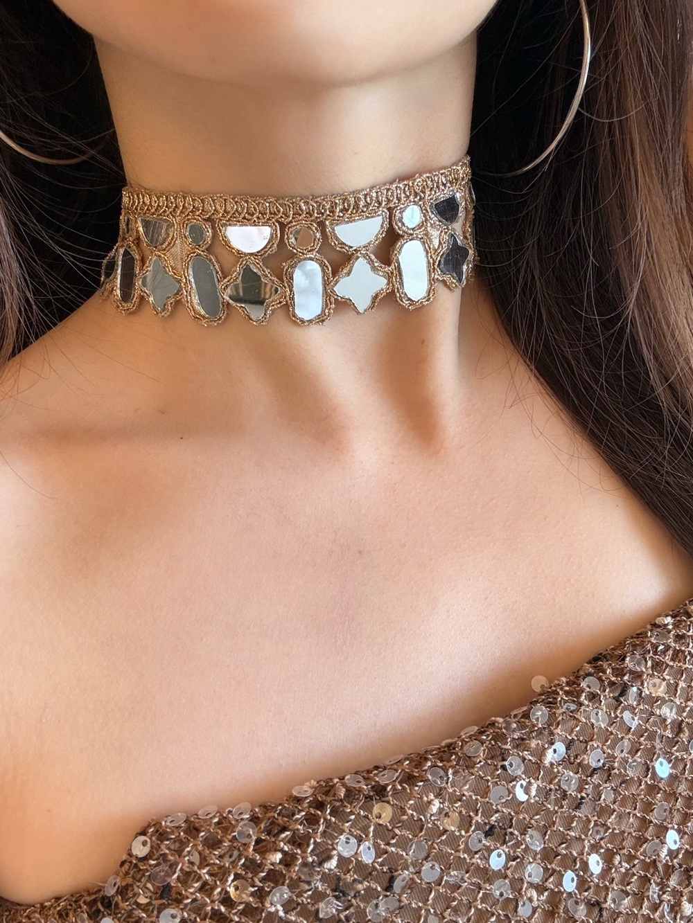 Gold Mirror-Detail Choker Necklace - Women Jewelry - Picture 2 of 5